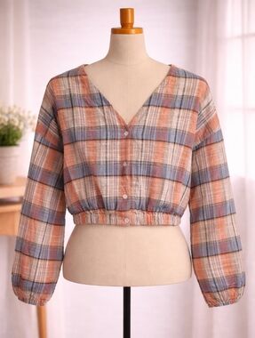 Peach Love Craft Plaid Crop Top | Size Small | 100% Cotton